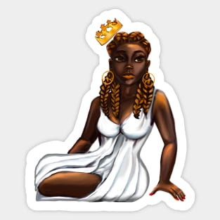 Queen Black is beautiful black woman art with crown, white dress and braids, brown eyes and dark brown skin ! Sticker